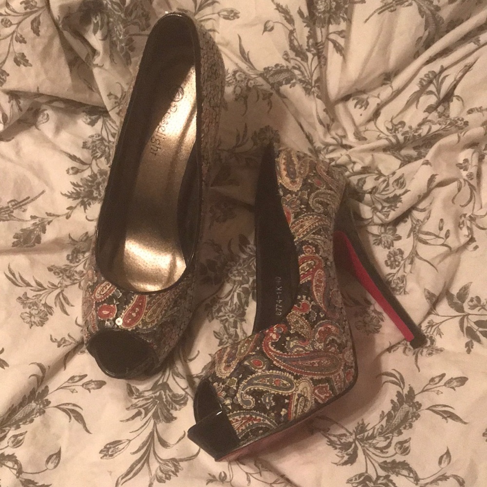 Paisley Multicolor Sequin Stiletto Peep Toe Heels